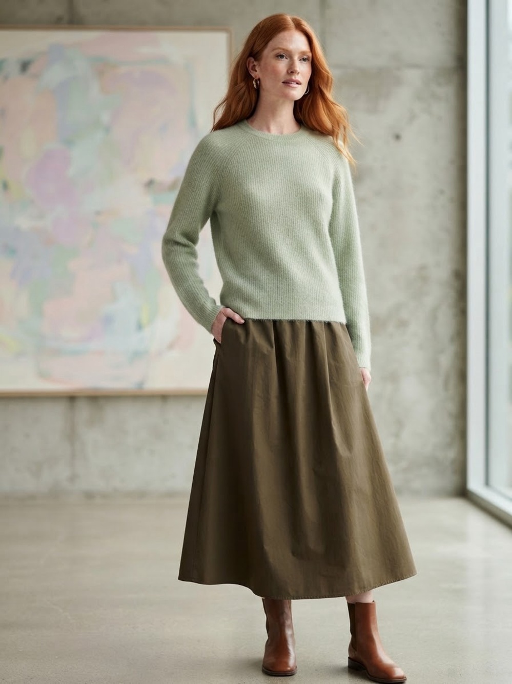 Vince Sage Green Mohair Wool Blend Ribbed Crewneck Sweater Size M